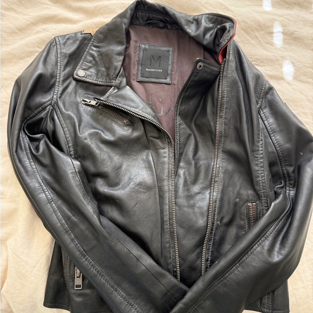 Mauritius Black 100% Leather Moto Jacket Star Back